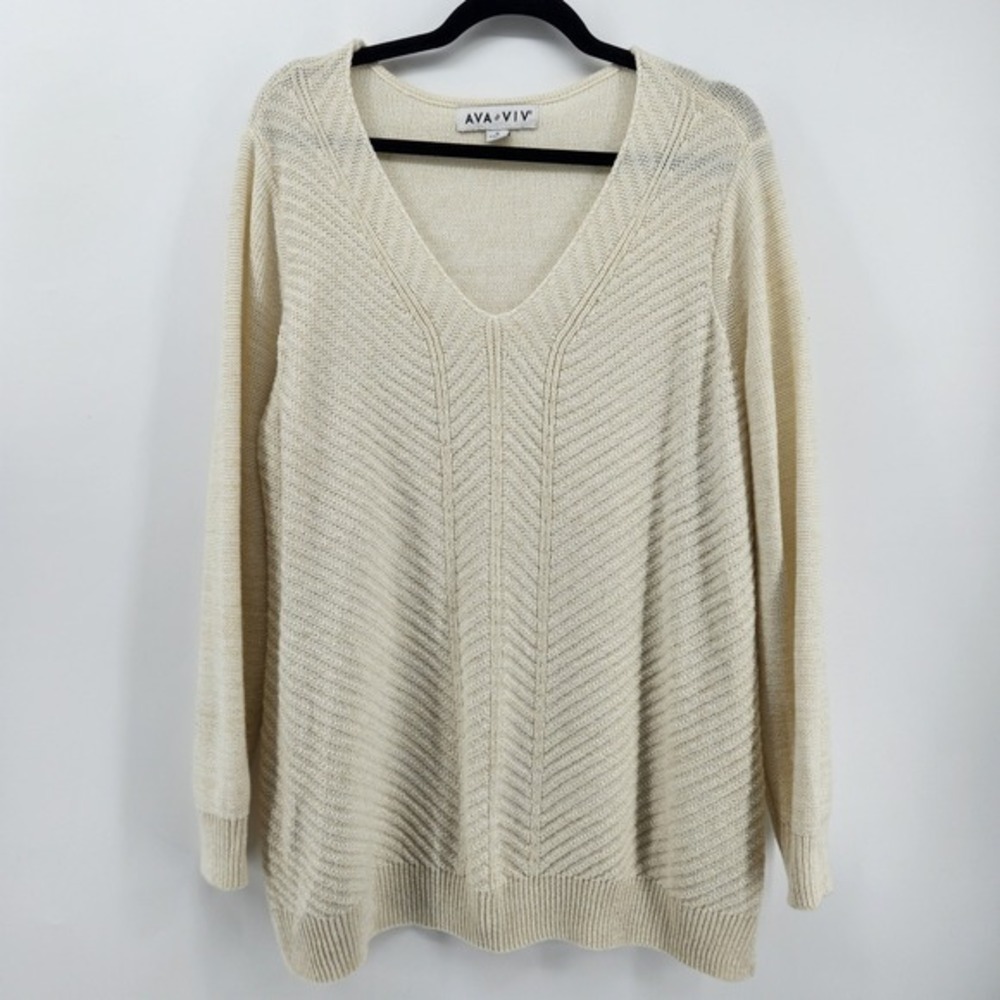 AVA & VIV Women's 1X V-Neck Long Sleeve Knit Sweater Cream Gold Sparkle